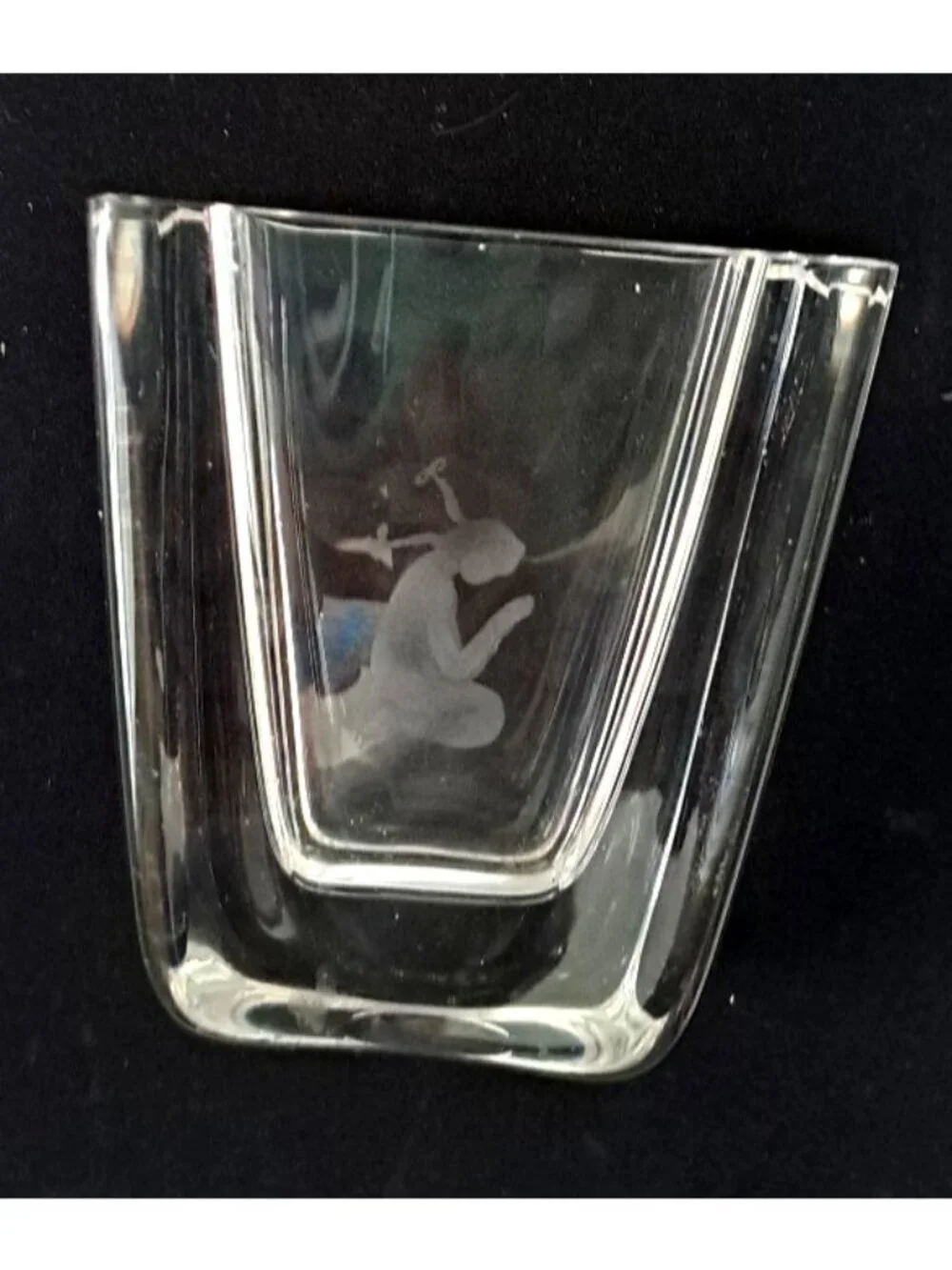Vintage Skruf Sweden MCM Art Glass Lead Crystal Etched Vase Praying Girl Signed